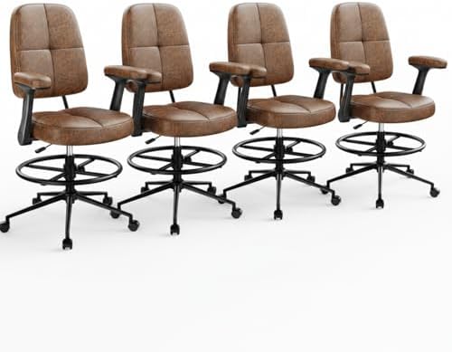 Marsail Drafting Chair with Flip-Up Armrests and Footrest, Ergonomic Tall Office Chair, Height Adjustable High Chair, Brown Leather Seat with Thick Cushion, 360° Swivel, Pack of 4