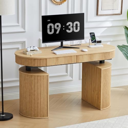 ORRD Electric Standing Desk with Storage and USB & Type-C Charging Ports, Adjustable Height Stand Up Desk, Mid Century Modern Fluted Workstation Desk for Home Office (Natural)