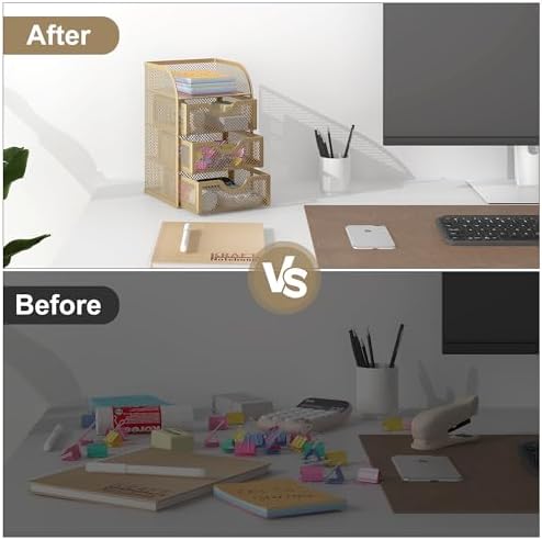 EasyPAG Mesh Desk Organizer with 3 Drawer Office Desktop Organizers and Accessories Stationery Caddy for Office, Home, Students, Gold