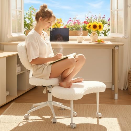 Ergonomic ADHD Criss Cross Legged Office Desk Chair - Meditation Kneeling Yoga Chair Adjustable Height with Wheels Lumbar Support, 360° Swivel Wider Footrest for Home Work, White