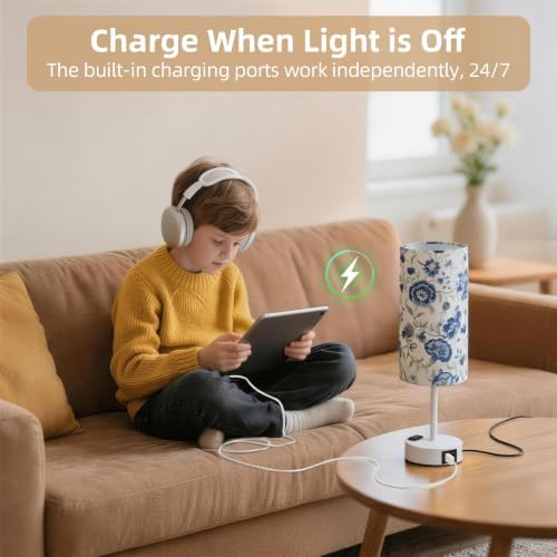 Table Lamp, Dimmable Touch, AC Outlet, USB A+C (Printed&White)