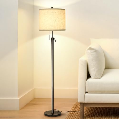 Qingmiao Adjustable Height Floor Lamp for Living Room, Black Standing Lamp for Bedroom Office, Modern Tall Lamp with Linen Shade, 3-Way Dimmable 8W 3000K LED Blub Included (Black)