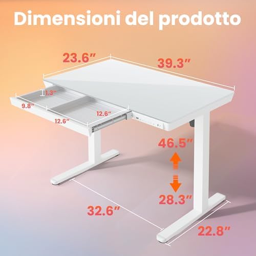 HUANUO Glass Standing Desk with Drawers, 40 X 24 Inch Electric Adjustable Height Desk, Quick Install One-Piece Tabletop with USB Charging Ports, White