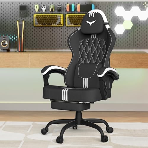 Ferghana Cotton Fabric Gaming Chair – Wider Seat Cushion, Diamond Double-Stitching, Ergonomic High Back with Footrest, Computer Gamer Chair Featuring Massage Lumbar Support for Adults (Black/White)