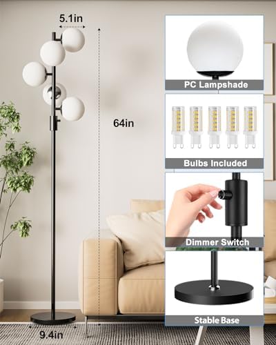 64IN Dimmable Black Floor Lamp, Tall Standing Lamps with 5 Globe Soft Warm White Eye Care 3000K G9 Bulbs, Mid Century Modern Floor Lamp with 5Lbs Heavy Base for Living Room Bedroom Office