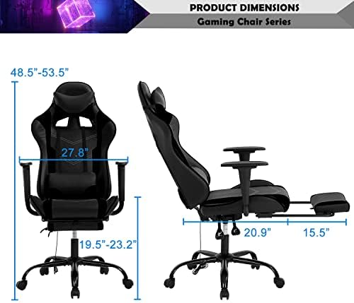 Black Massage Gaming Chair with Footrest, PU Leather Gaming Chairs for Adults, High Back Office Chair Ergonomic Desk Chair Computer Chair, Reclining Gamer Chair, Height & Backrest Adjustable, 300 Lbs