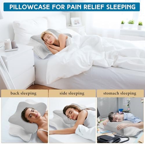 HunnmingRe Pillow Case for Cervical Neck, White, Light Gray, Queen Size