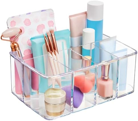 STORi 5-Compartment Clear Plastic Organizer | Rectangular Divided Makeup and Vanity Storage Bin and Office Desk Caddy | Scalloped Wall Design | Made in USA