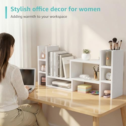 NUTIKAS White Desktop Bookshelf Adjustable Desk Organizer Shelf - Corner Wood Tabletop Storage Display Rack with 6 Cubbies and Pen Holder, Small Hutch for Office Supplies & Dorm Room Decorations