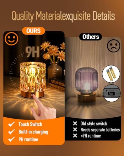 Cordless Mini Crystal Rechargeable Table Lamp No Plug with Touch Control