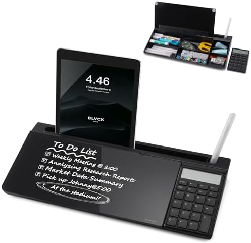 Small Glass Desktop Whiteboard Dry-Erase-Board - Computer Keyboard Stand with Calculator White Board Surface Pad with Drawer, Desk Organizers with Accessories for Office, Home, School Supplies - Black