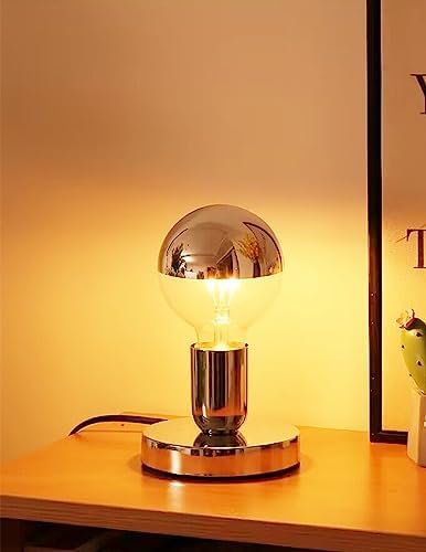 Simple Unique Lamp Base Only,Mini Bedside Table Lamp Bases,E26 Edison Light Bulb Stand Lamps for Small Spaces,Minimalist Desk Lamps Set w/ 5.8ft White Cord Switch Plug,No Bulb,Silver/Chrome,S