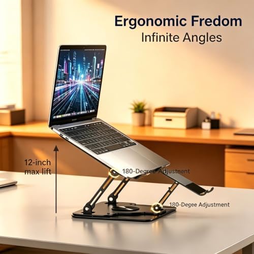 Laptop Stand for Desk with Quiet Cooling Fans - 360 Rotating Base Ergonomic Computer Stand, Aluminum Laptop Riser Foldable Protable for Office Home fits MacBook Air Pro, Dell, HP (10-17.3'') (black)