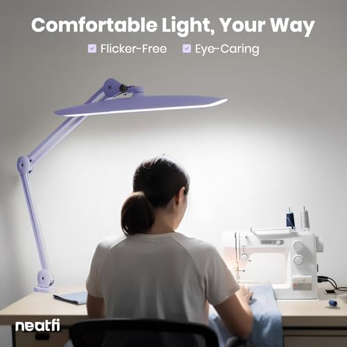 Neatfi XL 2200 Lumens 20W LED Desk Lamp with Clamp – Adjustable Color Temperature | 4-Level Dimmable Light | Home Office, Crafts & Workbench | 20-Inch Wide Head (Lavender, CCT with Clamp)