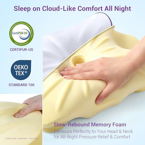 AZBESTPRO Memory Foam Cervical Pillow for Neck Support & Pain Relief, Butterfly Ergonomic Design – 24×15.75×5.7 Inches, Removable 100% Polyester Pillowcase, Suitable for Side & Back Sleepers (Purple)