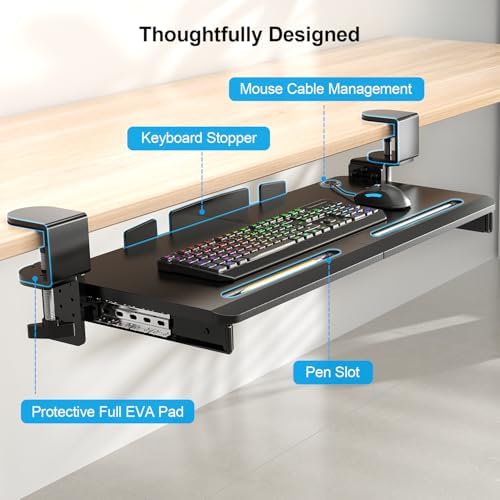 Supcline Keyboard Tray Under Desk with 60° Swivel Clamp & Height Adjustment