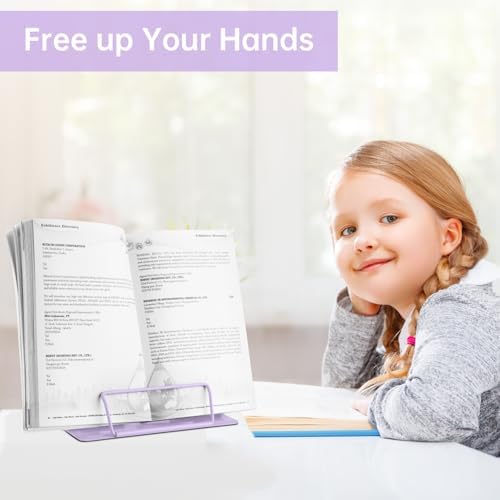 Honagu Book Stand Metal Desk Book Holder, Book Holders for Reading Hands Free, Adjustable Cookbook Documents Holder, Portable Bookstand for Music Books, Textbook, Recipe, Tablet, Ipad (Light Purple)