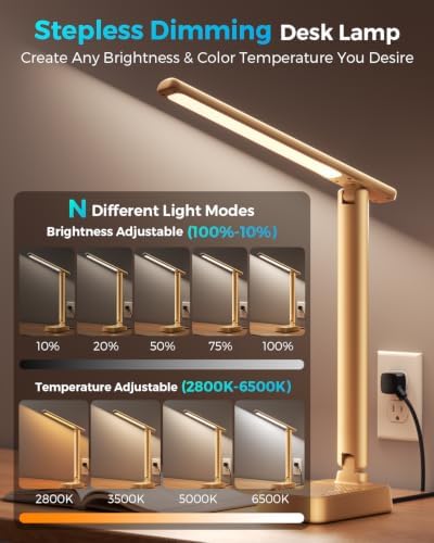 LED Desk Lamp with Power Strip, 3 AC Outlets, 4 USB Ports, Stepless Dimming
