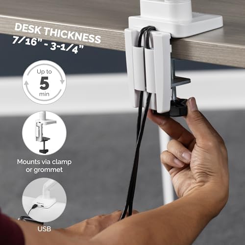 Fellowes Platinum Series Single Monitor Arm for 40-Inch Monitors, Full Motion, 360° Rotation, VESA Mount with Grommet or Clamp, USB Ports, Ergonomic, White, 8056201