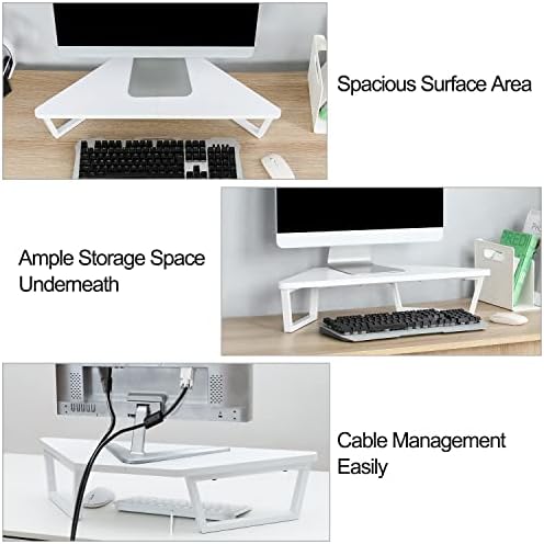 TEAMIX 26 inch White Triangle Monitor Stand Riser, Desktop Corner Shelf with Metal Leg Wood Computer Stand with Storage Laptop Riser Office Organization