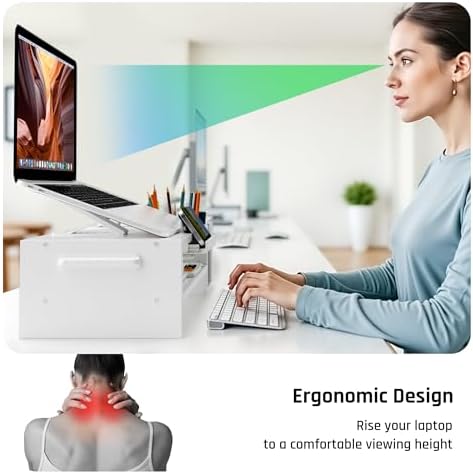 AFOOYO Adjustable Wood Laptop Stand, Ergonomic Height & Angle Computer Riser with Pen Holder – Compatible with MacBook Air/Pro, Dell, HP, Lenovo & 10-17.3" Notebooks – White
