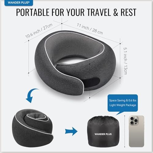 WANDER+® Travel Neck Pillow, Memory Foam Neck Pillow for Airplanes, Comfortable Breathable Cover, 360 Degree Support Ergonomic Design Best for Sleeping Plane Train Travel Essentials Purple