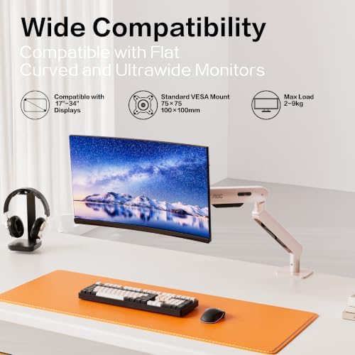 AOC AM400PLUS Premium Aluminum Single Monitor Arm, Mechanical Spring, 17–34 Inch, 4.4–19.8 lbs, VESA 75x75/100x100, C-Clamp, Quick Install Desk Mount with Cable Management (Pink)