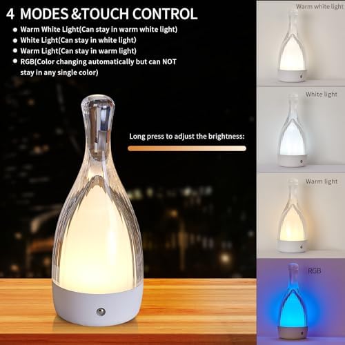 Table Lamp for bedroom with Touch Control,LED Nightstand Lamp Fourth Gear-3000K 4000K 6000K and Seven Color Light,Cordless Battery Operated Desk Lamp,Perfect for Bedroom,Couple Dinner,Cafe.(White)