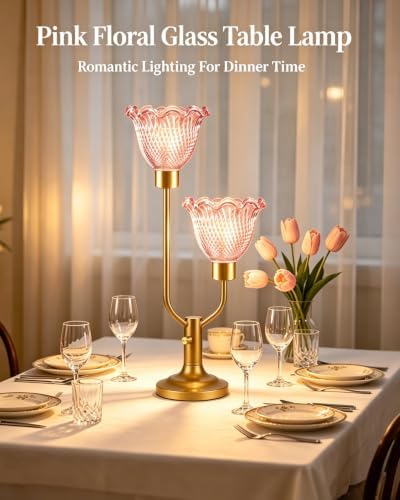 Lightdot Flower Glass Table Lamp for Bedroom Dimmable Vintage Pink Lamp