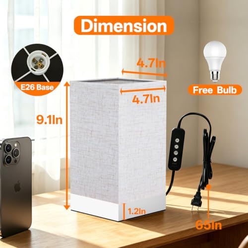Bedside Table Lamp, 9W EyeCare LED Night Light, 3 Color Temp & Stepless Dim