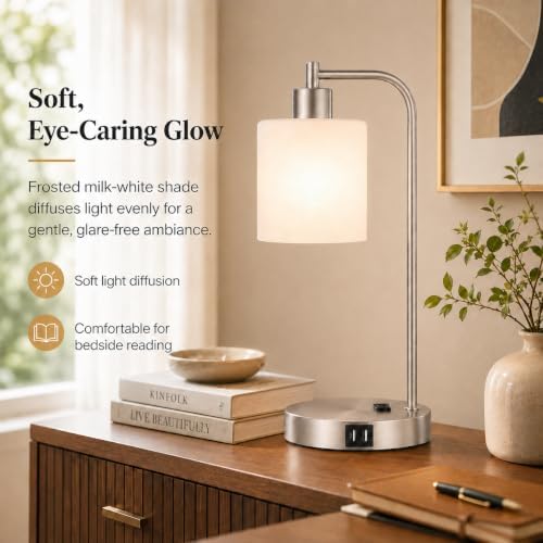 Set of 2 Industrial Touch Control Table Lamps with 2 USB Ports and AC Outlet - 3-Way Dimmable Nickel Bedside Lamp Nightstand Desk Lamps for Bedroom Living Room, Opal Glass Shade & 2 LED Bulbs Included