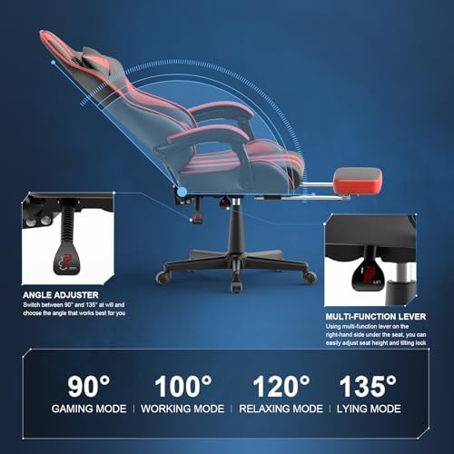 Huracan Gaming Chair with Footrest, Adjustable Ergonomic Computer Office Chair with Lumba Pillow, Video Game Computer Chairs for Adults, Racing Style Reclining Backrest Office Desk Chairs, Red