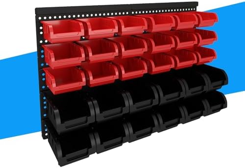 30Pcs Plastic Wall Mounted Storage Bins Parts Rack Nuts And Bolt Bins Organizer For Shop Garage for Screws, Nuts, Bolts, Nails, Beads, and Small Hardware Parts (RED+BLACK, 30)