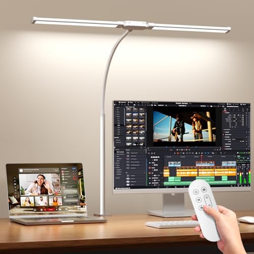 SKYLEO LED Desk Lamp with Clamp - Double Head Desk Light with Remote and Touch - Eye Protection - 12 W, 5 Color Modes, Timer and Memory Function, Flexible Gooseneck - for Office, Reading - White