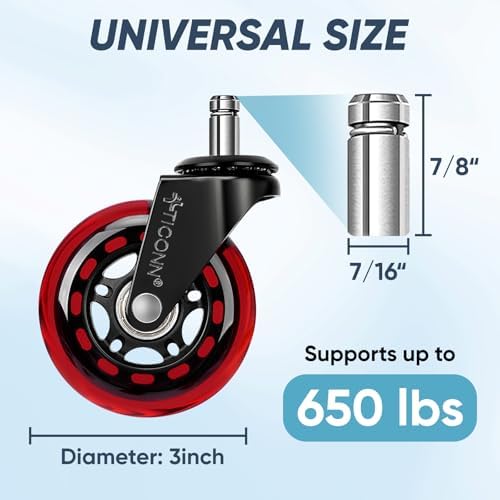 TICONN Office Chair Wheels, 3" Caster Wheels for Tile Carpets, Set of 5
