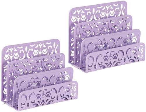 EasyPAG Mail Organizer Countertop 2pc Desk Mail Sorter for Envelope 3-Slot Vertical Letter Holder for Office, Home, School, Purple