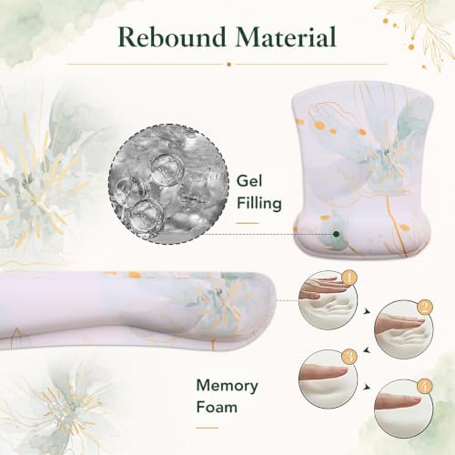 Scalloped Desk Mat 4-in-1 Set, XXL Large Wave Edge Mouse Pad with Gel Wrist Rest, Memory Foam Keyboard Wrist Rest & Coaster, Watercolor Floral Aesthetic Desk Pad for Women