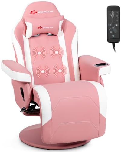 Goplus Pink Massage Gaming Chair, Racing Style Gaming Recliner w/Adjustable Backrest and Footrest, Ergonomic High Back PU Leather Computer Office Chair Swivel Game Chair w/Cup Holder and Side Pouch