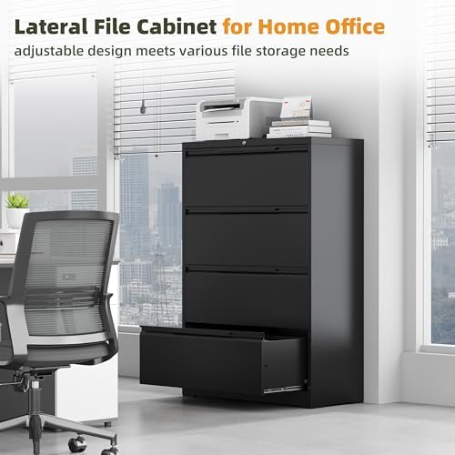 4 Drawer Lateral File Cabinet with Lock,Metal File Cabinet for Home Office,Heavy-Duty Steel Locking File Cabinet, Hanging Letter/Legal/A4 Size,Full-Extension Silent Drawer,Un-Assembly,Black