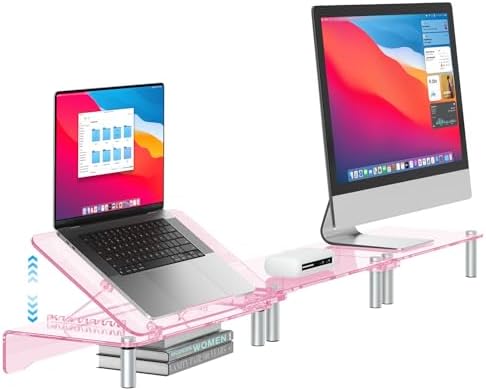 Pink Acrylic Dual Monitor Stand Riser,Laptop Riser Adjustable to 8 Angles