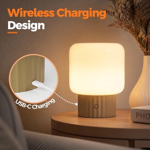 VOLISUN Mushroom Lamp, Cordless Rechargeable Table Lamp with Glass Shade, 3 Color Temperatures & Stepless Dimming, 5200mAh, Touch Control Bedside Lamps for Living Room, Bedroom, 1 Pack (Brown)