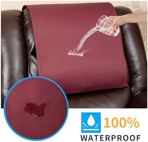 Non Slip Recliner Headrest Protector Washable Faux Leather Headrest Covers for Recliner Chair Waterproof Couch Head Rest Covers for Sofa,Furniture,Office Chair,Theater Seat (Burgundy)