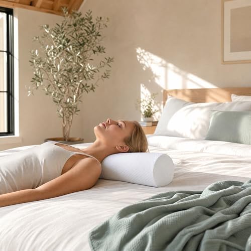 Memory Foam Neck Roll Pillow for Cervical Support & Pain Relief, Breathable Round Cylinder Bolster for Side/Back Sleepers, Ergonomic Sleeping Pillow for Bed & Travel, 15.7 * 6 * 6 inch (White)
