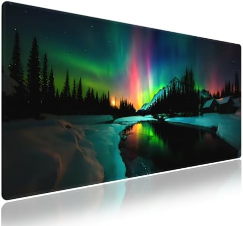 Extra Large Gaming & Office Mouse Pad (31.5" x 11.8") – Aurora Borealis Over Winter Landscape Snow Mountains & Calm Lake & Captivating Night Sky, XXL Desk Mat with Durable Stitched Edges