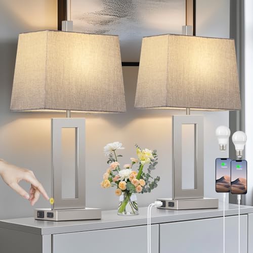 Cinkeda Bedside Table Lamp Set of 2,Nightstand Touch Lamp with USB Port
