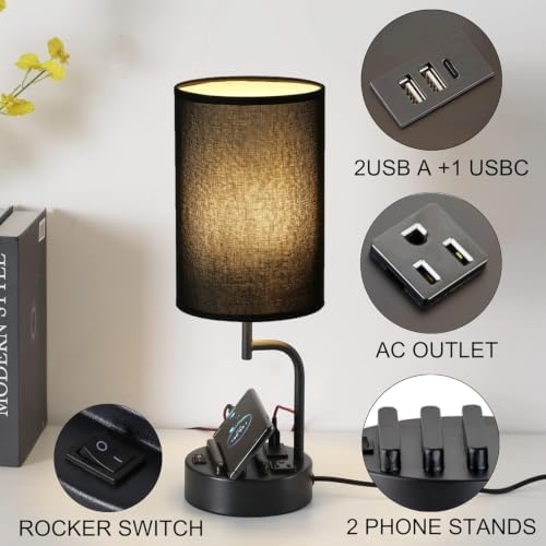 Dreamholder Table Lamp with 3 USB Charging Ports, Modern Desk Lamp with AC Outlet and Phone Stands, Perfect Bedside Lamp for Bedroom, Living Room, Office (Pack of 2), Black
