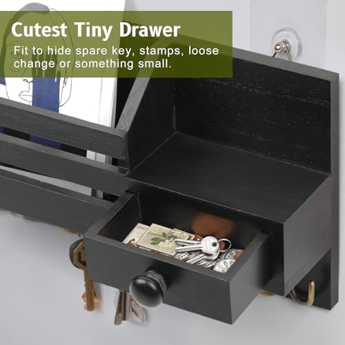 Key Holder Wall Mount, Wooden Key and Mail Organizer, Black