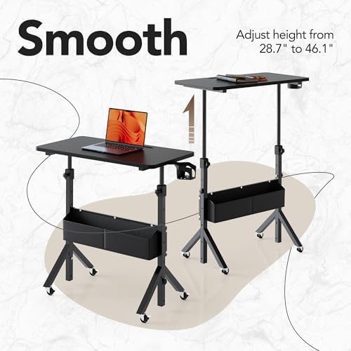 HUANUO Portable Standing Desk Adjustable Height, Mobile Stand Up Desk for Walking Pad and Treadmill, Rolling Computer Table with Wheels, 31.5"x15.75" Height 28.7"-46.1", Black