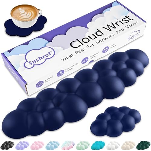 Sushret Cloud Wrist Rest Keyboard, Cloud Keyboard Wrist Pad Set with PU Leather Memory Foam, Cute Arm Rest for Palm Support, PC/Gaming Desk Accessories/Office Setup/Computer Hand Cushion - Dark Blue