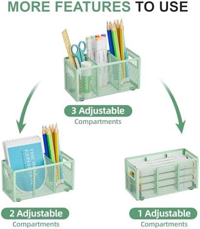 Marbrasse Mesh Pen Holder for Desk, Pencil Holder Desk Organizer 3 Adjustable Compartments, Pencil Cup with Handle Perfect for Classroom, Office, Home, Makeup, Art (Green)